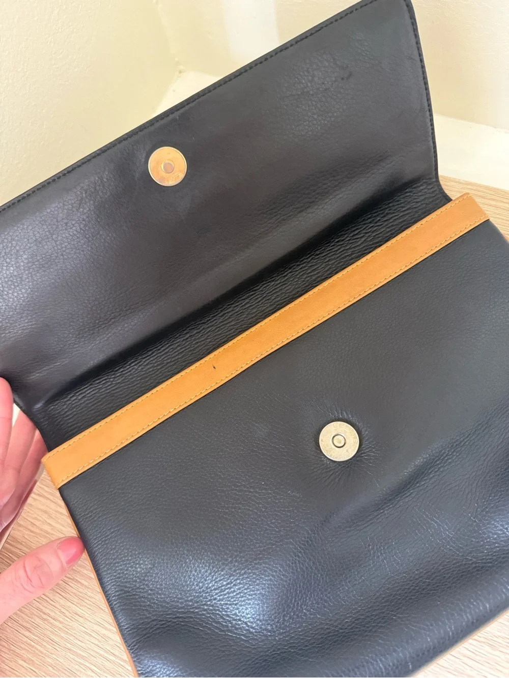 Vintage Celine Black Leather Fold-Over Clutch with Gold Hardware
